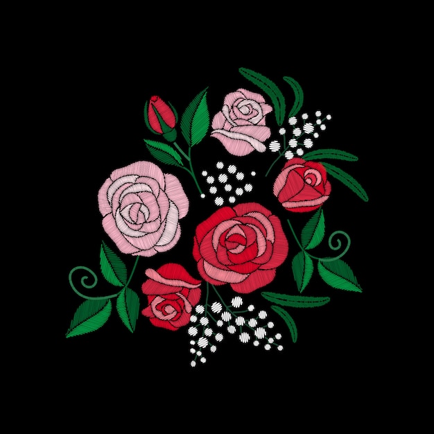 Bordado de rosas rojas y flores blancas sobre fondo negro. imitación de puntada de satén