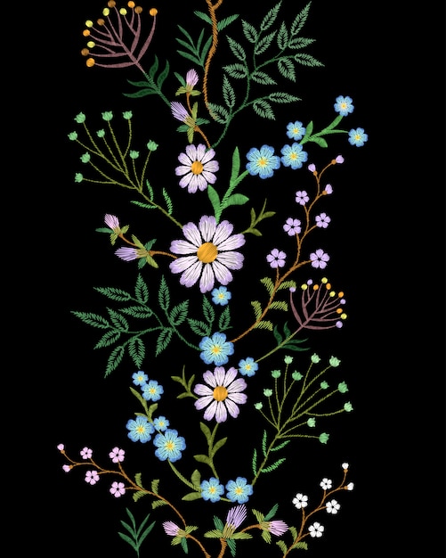 Bordado textura flor frontera sin costuras Decoración floral de moda