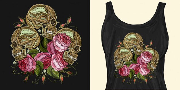 Vector bordado de tres calaveras y flores rosas