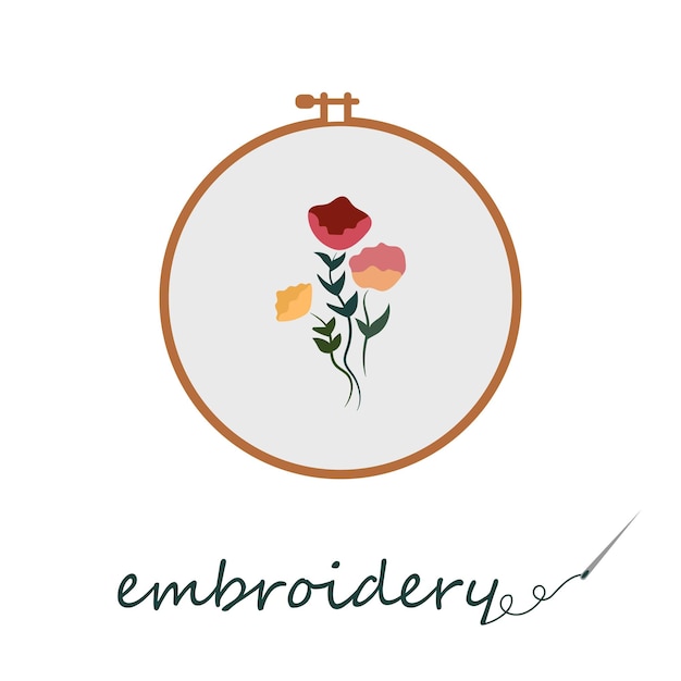 Bordar flores en aro de bordado en un estilo plano sobre un fondo blanco vector logo para un emb