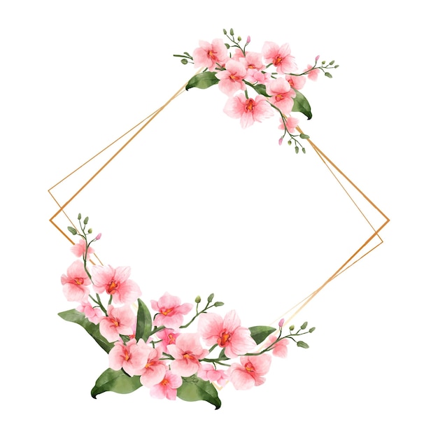 Borde de acuarela de flores de orquídea rosa para saludo de boda o tarjeta de invitación aislada Flores vintage de lujo con marco dorado brillante para plantilla de verano o primavera Ilustración vectorial