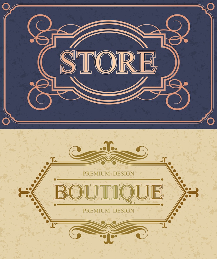 Vector borde caligráfico de tienda y boutique, monograma de caligrafía flourish de tienda retro,