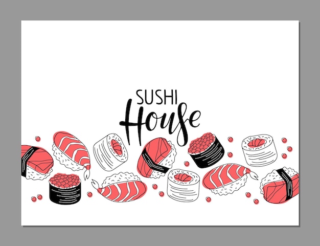 Vector borde de la casa de sushi. conjunto de sushi fresco con letras de la casa de sushi aisladas sobre fondo blanco