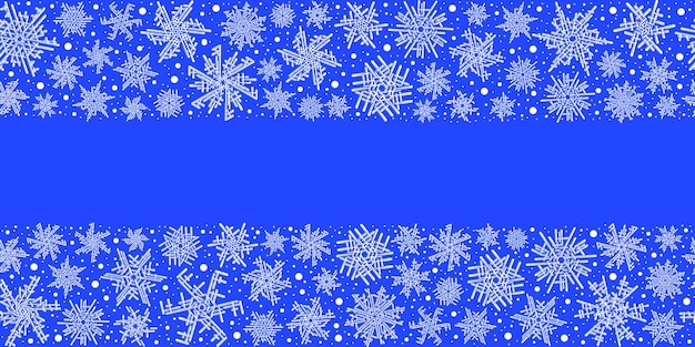 Borde de copos de nieve, banner, fondo de vector de invierno, tema navideño