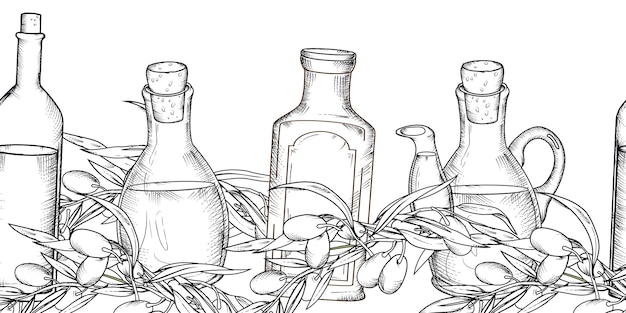 Borde sin costuras con aceitunas y botellas de aceite grabado vector aislado
