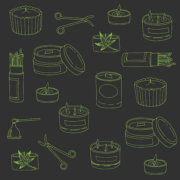 Borde sin costuras velas perfumadas aromaterapia estilo de garabato dibujado a mano en la ilustración de vector de fondo de color