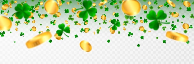 Borde del día de San Patricio con tréboles verdes de cuatro y hojas de árbol y monedas de oro Símbolos irlandeses de suerte y éxito.