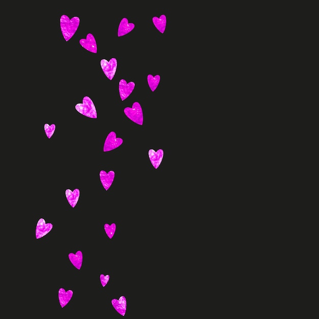 Borde del día de San Valentín con corazones de purpurina rosa. día 14 de febrero. Confeti vectorial para la plantilla de borde del día de San Valentín. Textura dibujada a mano gruesa. Tema de amor para poster, certificado de regalo, pancarta.
