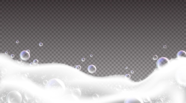 Borde de espuma de champú Burbujas de jabón realistas sobre fondo transparente Bañera y lavandería agua jabonosa textura cremosa Espuma de lavado blanca Ondas de espuma suave Vector detergente espuma plantilla de marco en blanco