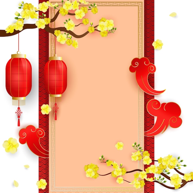 Borde de estilo vietnamita con flor de albaricoque amarilla y lámpara roja