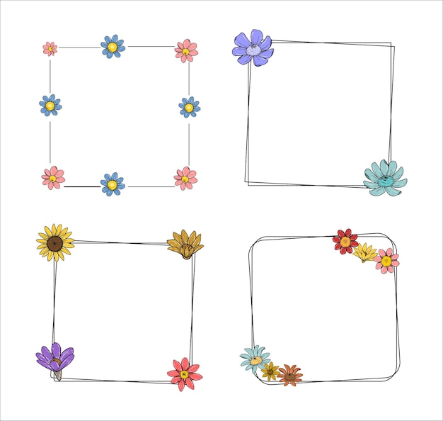 Borde de flor plana de marco vectorial coloreado sobre un fondo blanco