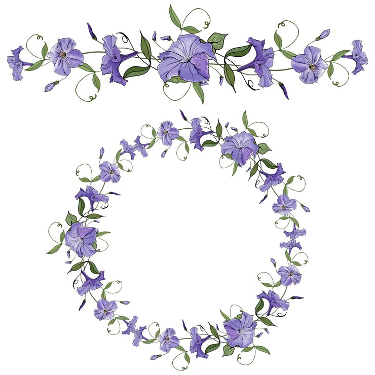 Vector borde floral horizontal y marco redondo con petunia morada.
