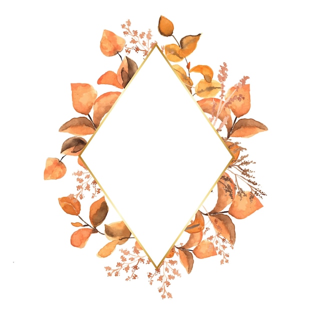 Borde de hoja de otoño con acuarela de marco de forma de diamante dorado