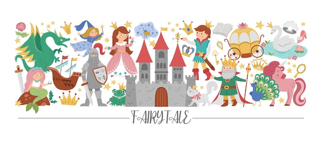 Borde horizontal vectorial con lindos personajes y objetos de cuento de hadas Diseño de plantilla de tarjeta de cuento de hadas con princesa y príncipe Lindo castillo de fantasía o borde del reino con elementos mágicosxA