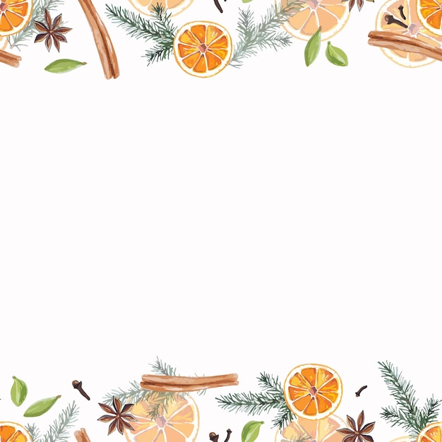 Borde de marco transparente de acuarela Naranjas de humor de Navidad, ramas de árboles de hoja perenne y sorteo de mano de especias