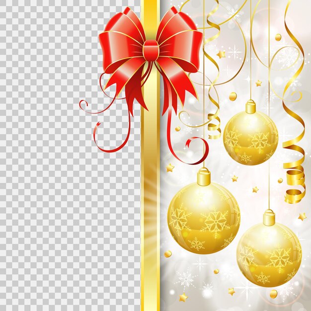 Borde de Navidad con adornos, arco, serpentina rizada de oro cayendo. Marco de Navidad con fondo transparente. ilustración vectorial aislada