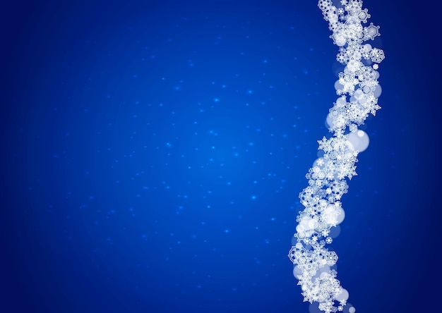 Vector borde navideño con copos de nieve blancos sobre fondo azul con destellos borde horizontal feliz navidad para pancartas de ventas de temporada invitaciones ofertas minoristas caída de nieve fondo de invierno helado