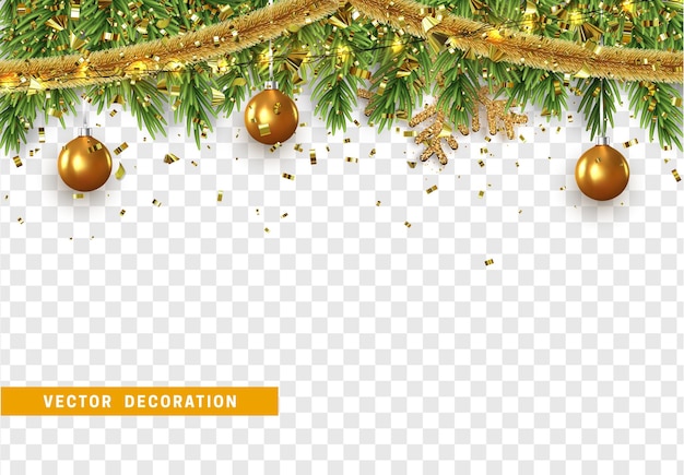 Borde navideño con ramas de abeto, guirnaldas de luces y guirnaldas doradas, bolas doradas. Fondo de Navidad y año nuevo. vacaciones de navidad ilustración vectorial