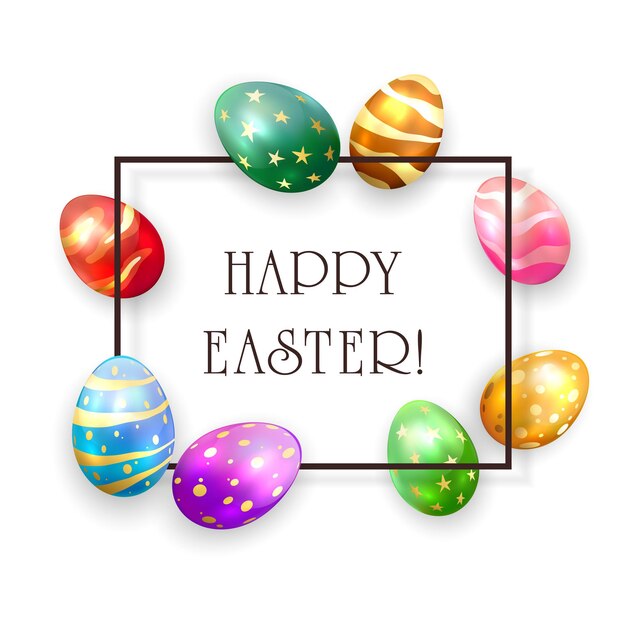 Borde negro con letras Feliz Pascua y huevos de Pascua de colores sobre un fondo blanco. Decoraciones navideñas. La ilustración se puede utilizar para el diseño de vacaciones, carteles, pancartas, tarjetas de felicitación, sitios web.