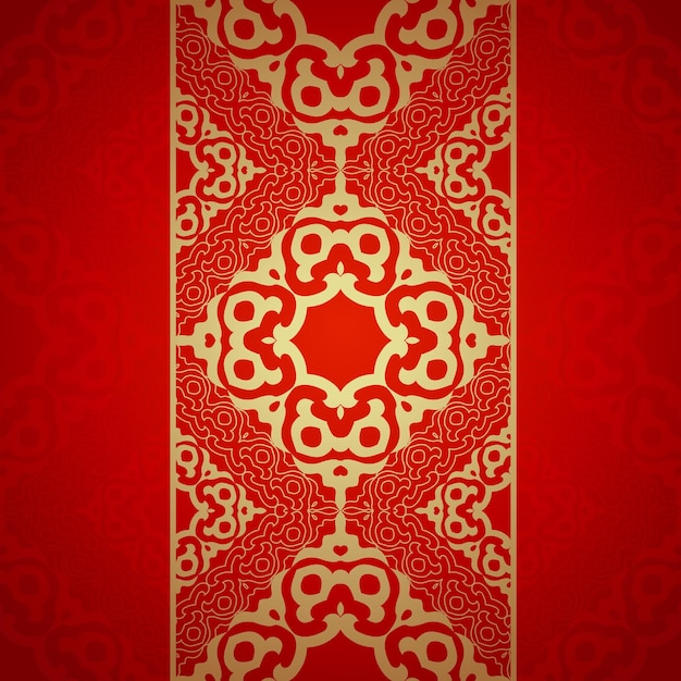 Borde ornamental de oro oriental sobre fondo rojo.