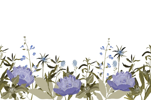 Borde de patrones sin fisuras florales vectoriales Diseño panorámico horizontal con peonías azules