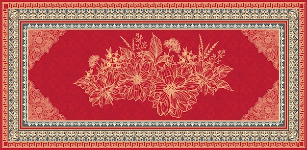 un borde rojo y dorado con flores en un fondo rojo