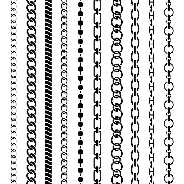 Vector bordes de cadena. cadenas negras sin costuras de diferentes formas, eslabones metálicos