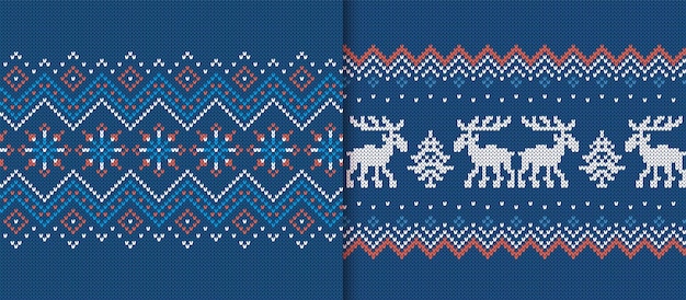 Bordes sin costuras de Navidad Patrones de punto Conjunto de texturas de punto azul Estampados de Navidad Suéter feo de vacaciones