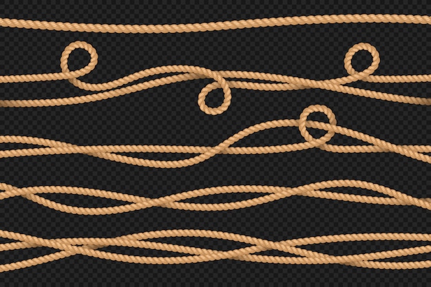 Bordes de cuerda. Hilos de cordón, textura de cuerdas retorcidas. Conjunto de cuerda marinera realista marino