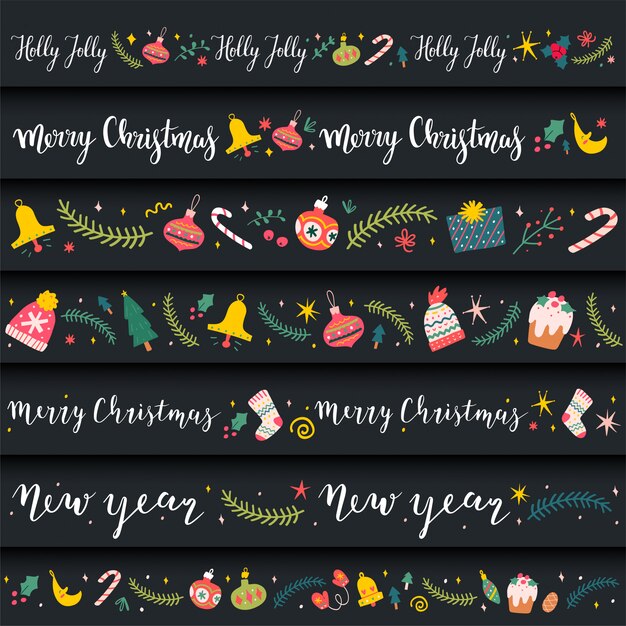 Bordes decorativos con ilustraciones de doodle para navidad