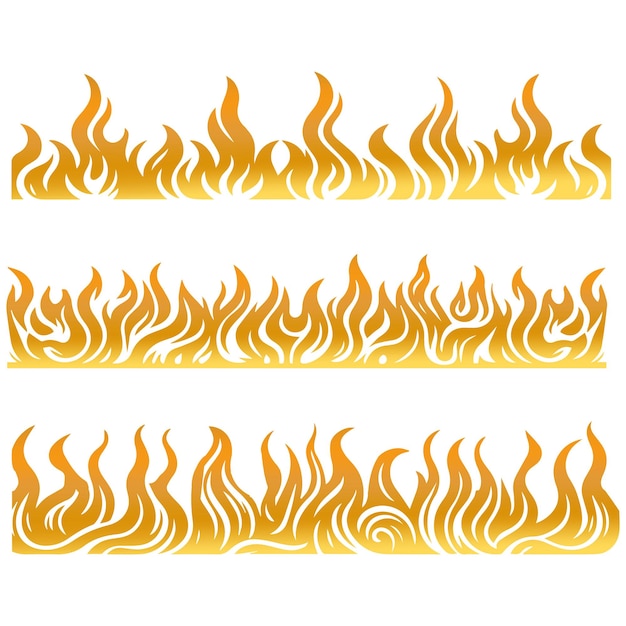 Bordes planos de fuego con llamas de diferentes tamaños aisladas en la ilustración de vector de fondo blanco