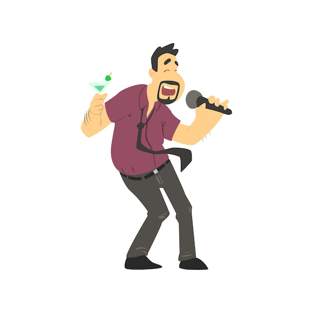 Borracho cantando en karaoke plano aislado estilo de dibujos animados simple ilustración vectorial sobre fondo blanco