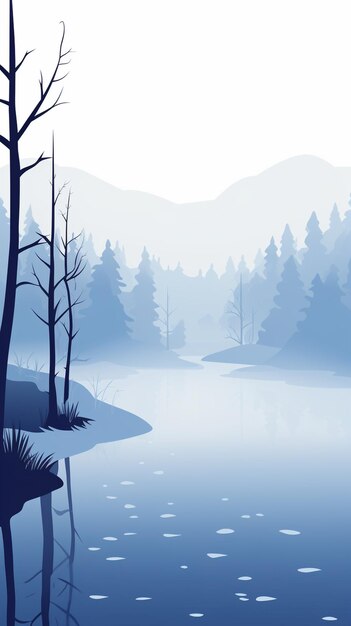 Vector boscos de niebla tranquila con lago congelado durante el invierno 2