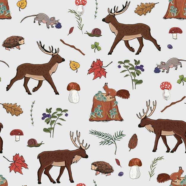 Bosque animales ciervos ardilla erizo vector de patrones sin fisuras