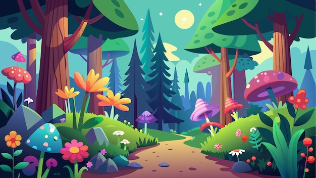 un bosque con árboles y flores y un camino con un camino en el medio