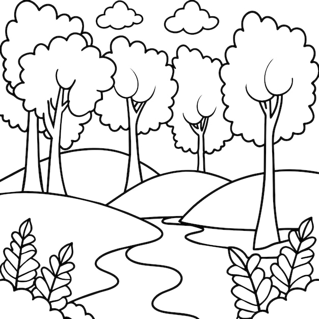 un bosque con árboles y un fondo blanco con una niña durmiendo en él