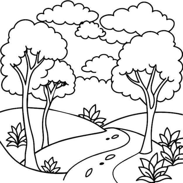 un bosque con árboles y un fondo blanco con una niña durmiendo en él