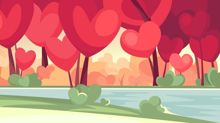 Vector bosque con árboles en forma de corazón junto al río. hermoso paisaje abstracto.