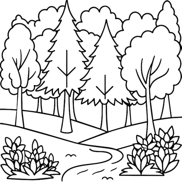 un bosque con árboles y un río con una línea de árboles