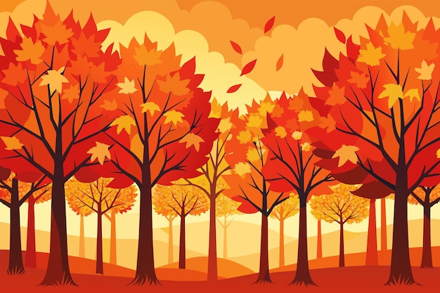 Vector un bosque de arces con hojas en llamas en tonos de rojo naranja y amarillo creando una impresionante exhibición de colores de otoño