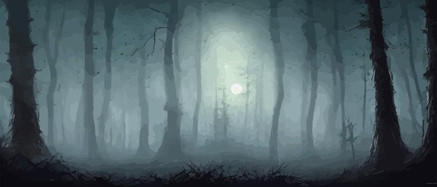 Bosque brumoso silhueta de árbol oscuro trucos de árbol en la niebla azul niebla en el vector de bosque de la noche