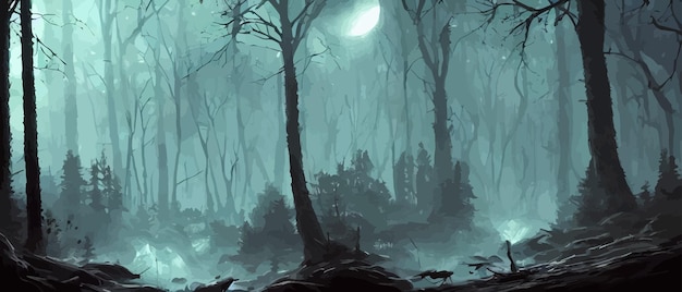 Bosque brumoso silhueta de árbol oscuro trucos de árbol en la niebla azul niebla en el vector de bosque de la noche
