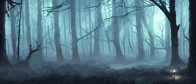 Bosque brumoso silhueta de árbol oscuro trucos de árbol en la niebla azul niebla en el vector de bosque de la noche