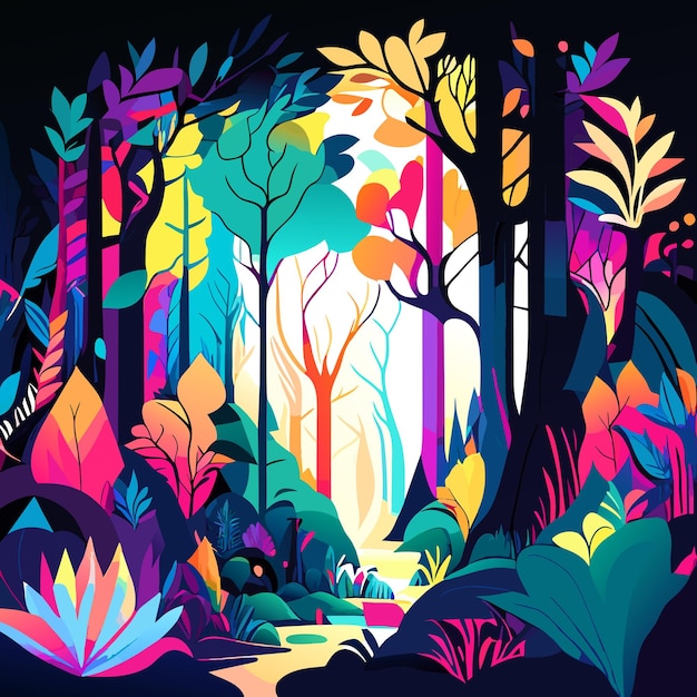 un bosque caprichoso lleno de colores vibrantes en un estilo ilustrativo creando un mágico y encha