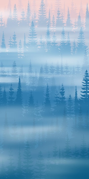 Bosque de coníferas en la niebla de la mañana vertical