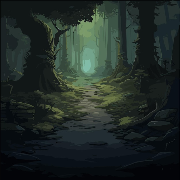 Un bosque de cuevas oscuras con un camino a través de él ilustración vectorial de fondo del juego