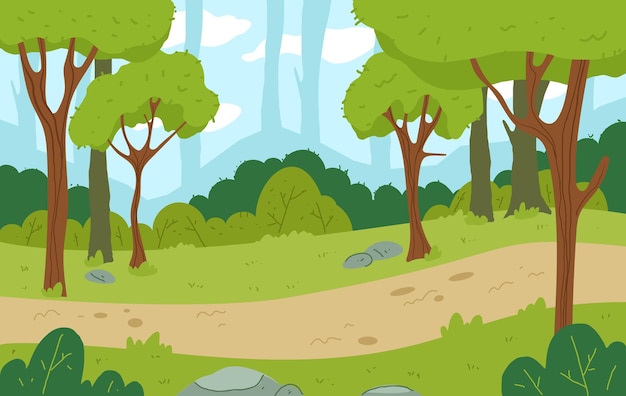 Bosque estilo de dibujos animados maderas paisaje doodle estilo concepto diseño gráfico ilustración