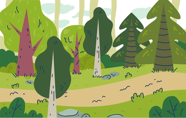 Bosque estilo de dibujos animados maderas paisaje doodle estilo concepto diseño gráfico ilustración