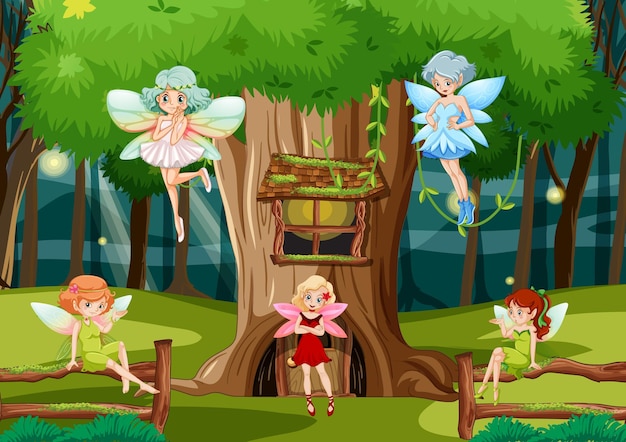 Bosque de fantasía con hadas lindas.