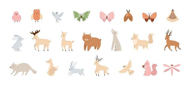 Bosque Gran conjunto de dibujos animados vectoriales con animales salvajes aves e insectos Ilustración dibujada a mano linda